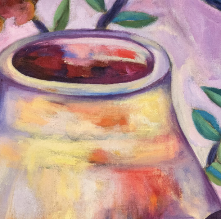 Oil painting on linen "Two jars and red flowers" by Spanish artist Maite Morell.