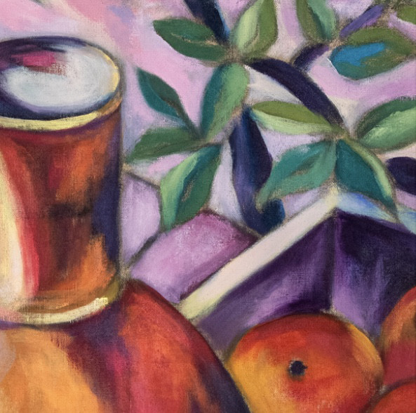Oil painting on linen "Two jars and red flowers" by Spanish artist Maite Morell.