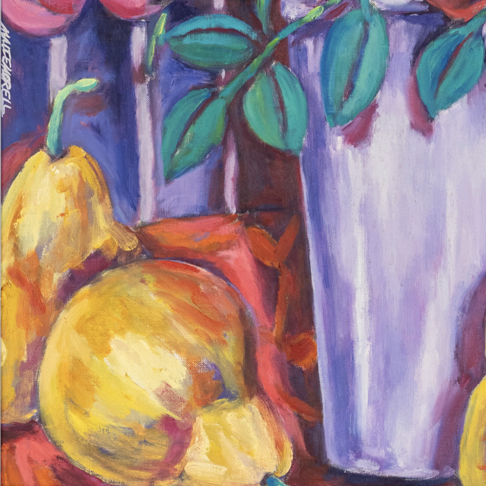 Oil painting on linen "Still life with bouquet of roses and pears" by Spanish artist Maite Morell.