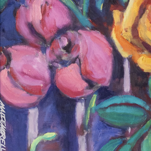 Oil painting on linen "Still life with bouquet of roses and pears" by Spanish artist Maite Morell.