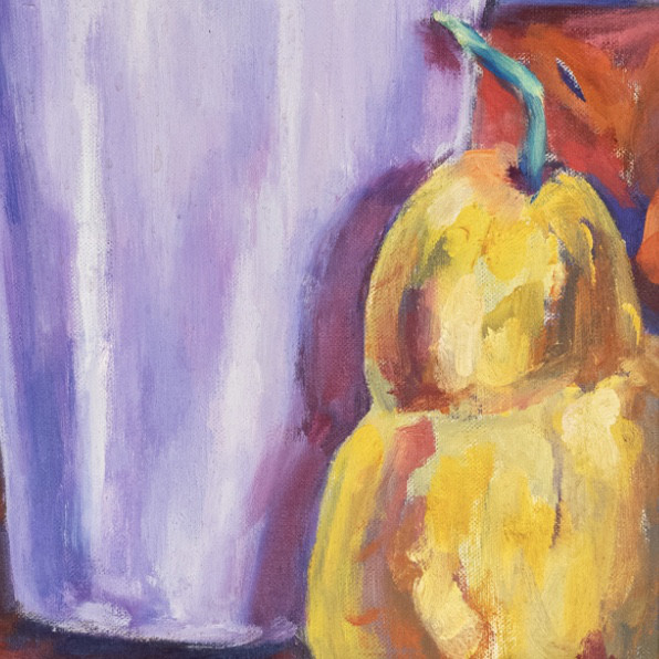 Oil painting on linen "Still life with bouquet of roses and pears" by Spanish artist Maite Morell.