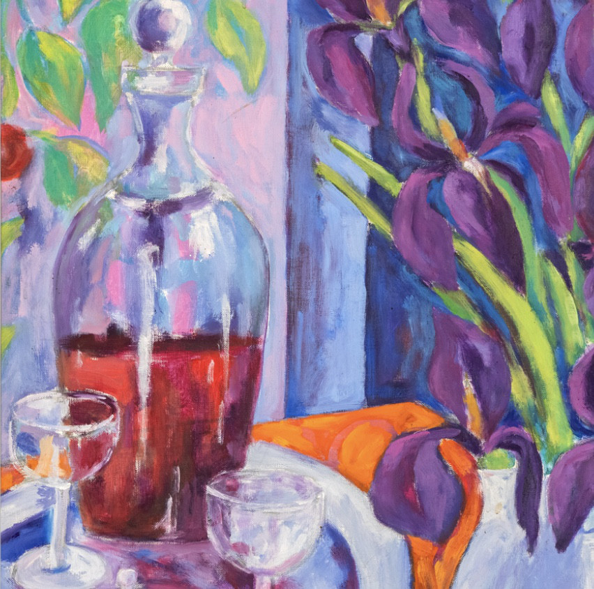 Oil painting on linen "Woman with a bouquet of lilies and oriolpendola" by Spanish artist Maite Morell.