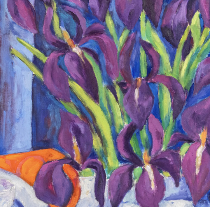 Oil painting on linen "Woman with a bouquet of lilies and oriolpendola" by Spanish artist Maite Morell.