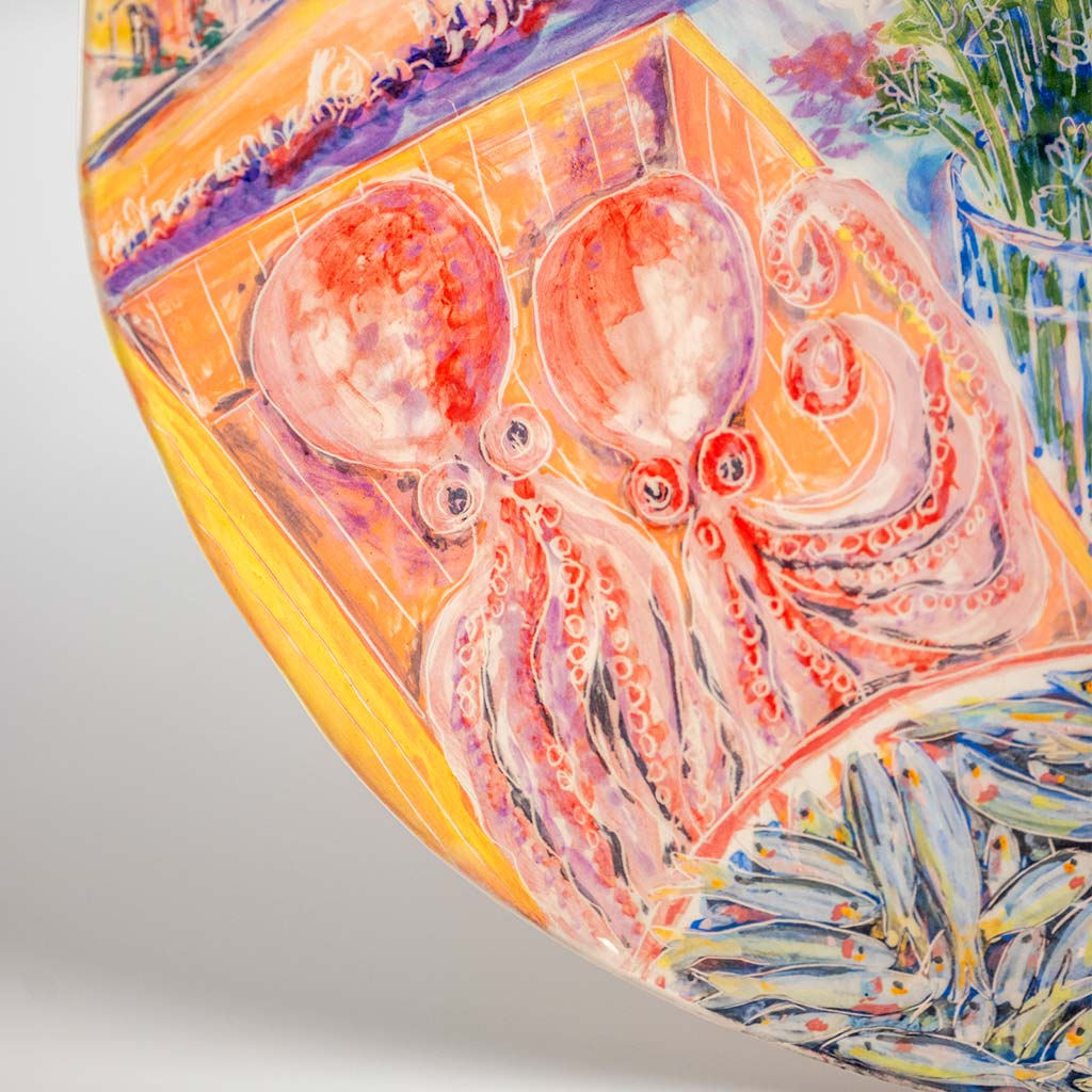 Ceramic plate with self portrait and fish with parsley in Ortigia, handmade and painted in a unique & colourful style by Spanish artist Maite Morell.