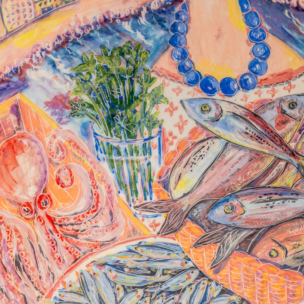 Ceramic plate with self portrait and fish with parsley in Ortigia, handmade and painted in a unique & colourful style by Spanish artist Maite Morell.