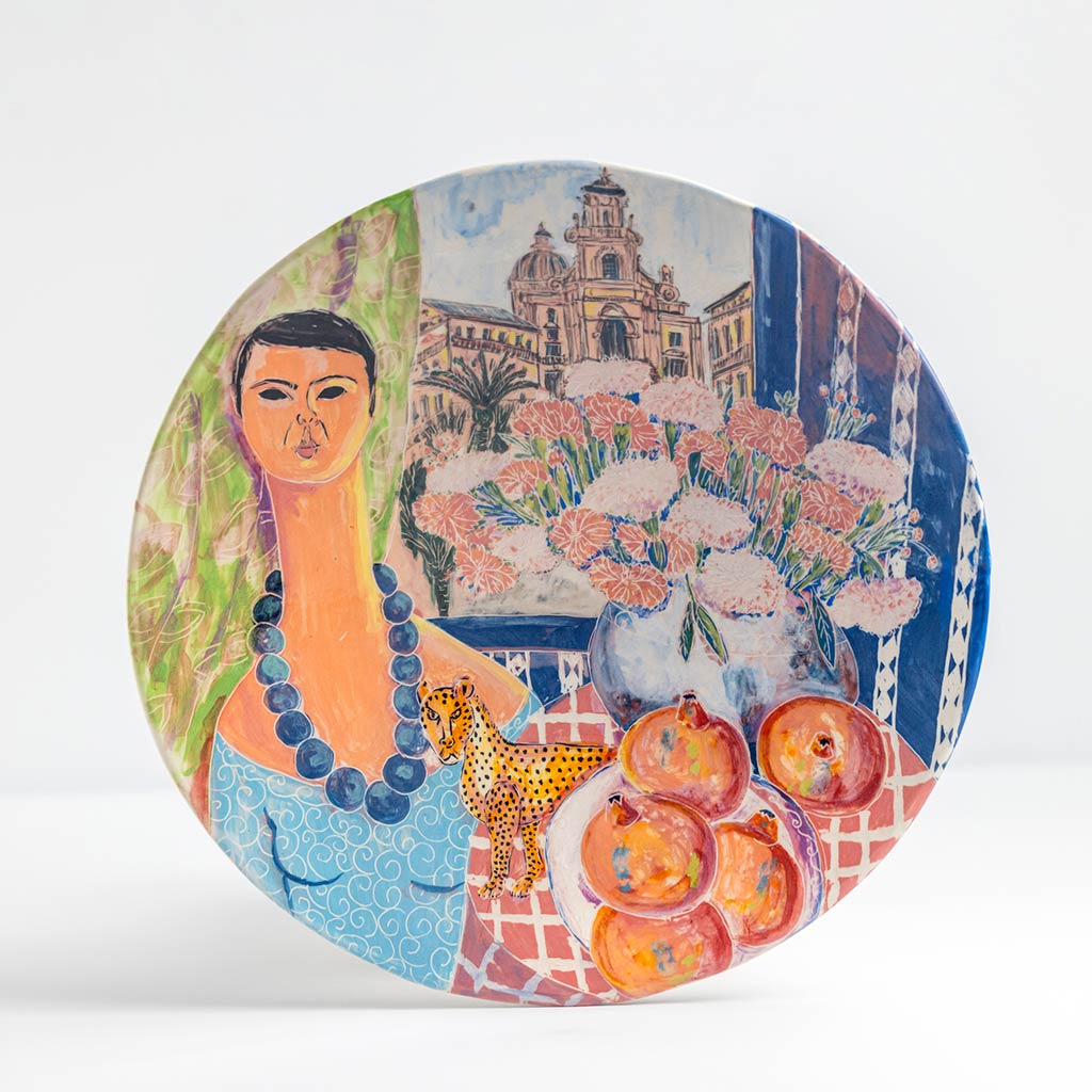 Ceramic plate with self portrait and leopard in Ragusa, handmade and painted in a unique & colourful style by Spanish artist Maite Morell.