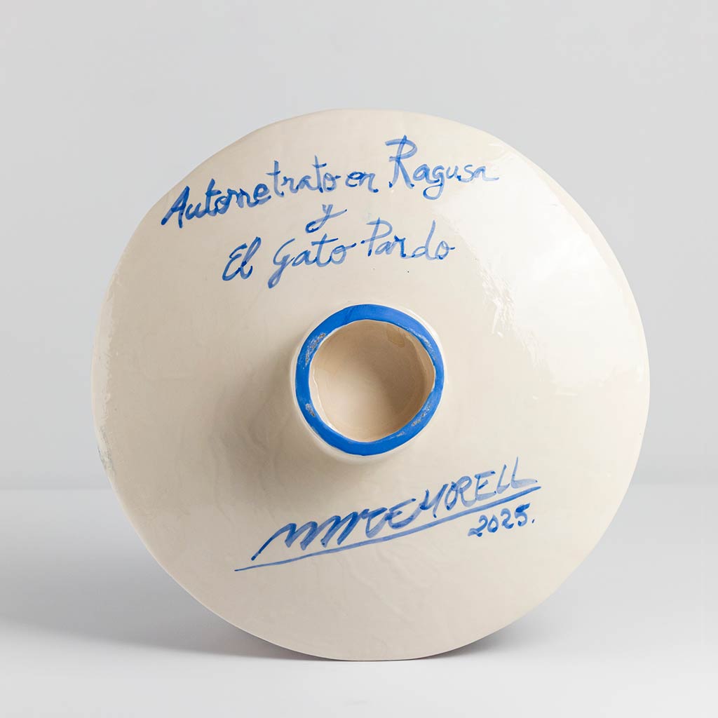 Ceramic plate with self portrait and leopard in Ragusa, handmade and painted in a unique & colourful style by Spanish artist Maite Morell.