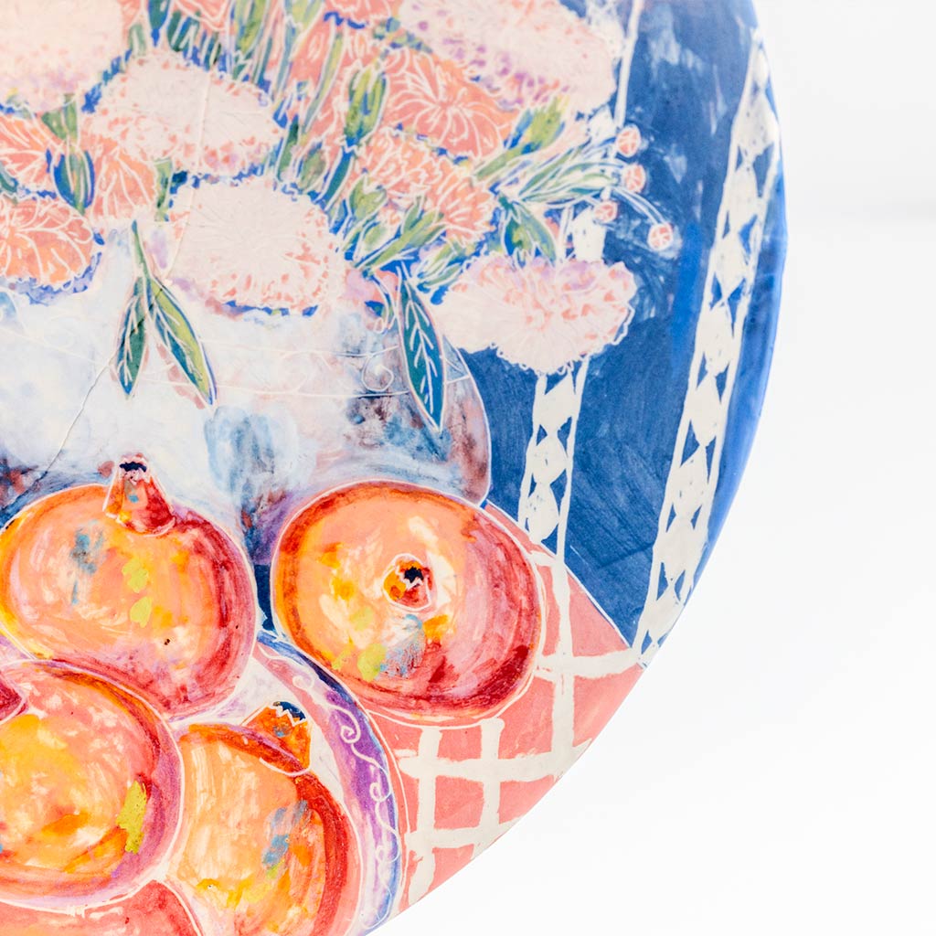 Ceramic plate with self portrait and leopard in Ragusa, handmade and painted in a unique & colourful style by Spanish artist Maite Morell.