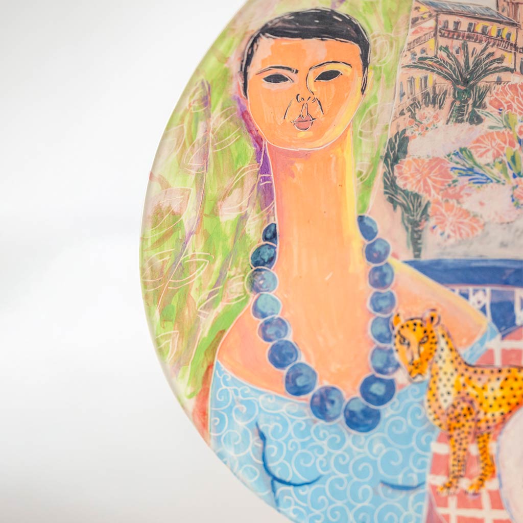 Ceramic plate with self portrait and leopard in Ragusa, handmade and painted in a unique & colourful style by Spanish artist Maite Morell.