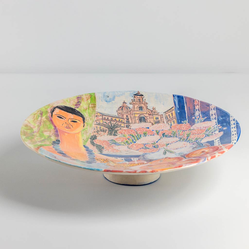 Ceramic plate with self portrait and leopard in Ragusa, handmade and painted in a unique & colourful style by Spanish artist Maite Morell.