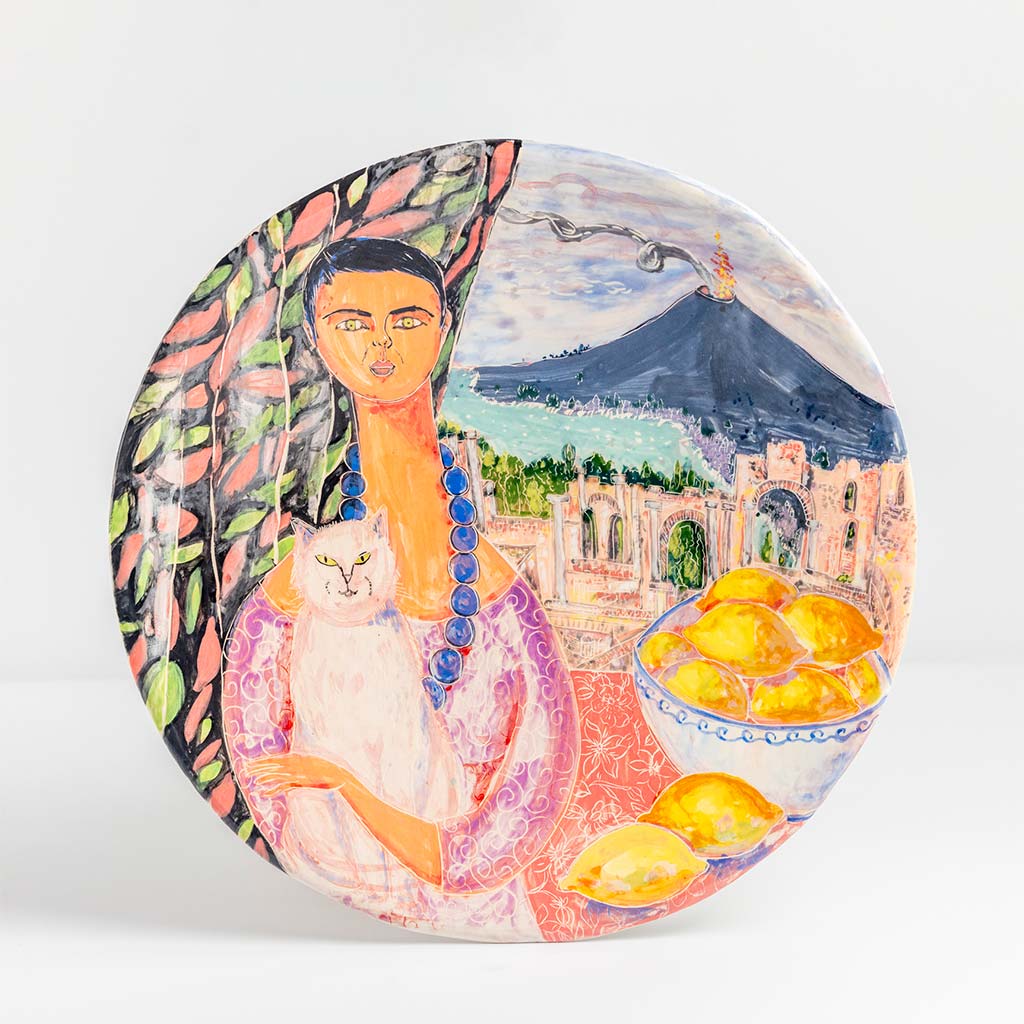 Ceramic plate with self portrait in the roman theater of Taormina, handmade and painted in a unique & colourful style by Spanish artist Maite Morell.