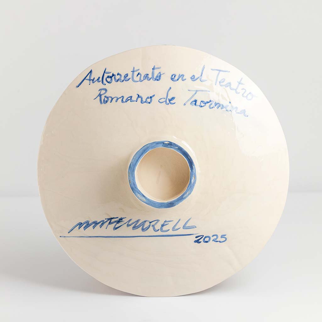 Ceramic plate with self portrait in the roman theater of Taormina, handmade and painted in a unique & colourful style by Spanish artist Maite Morell.