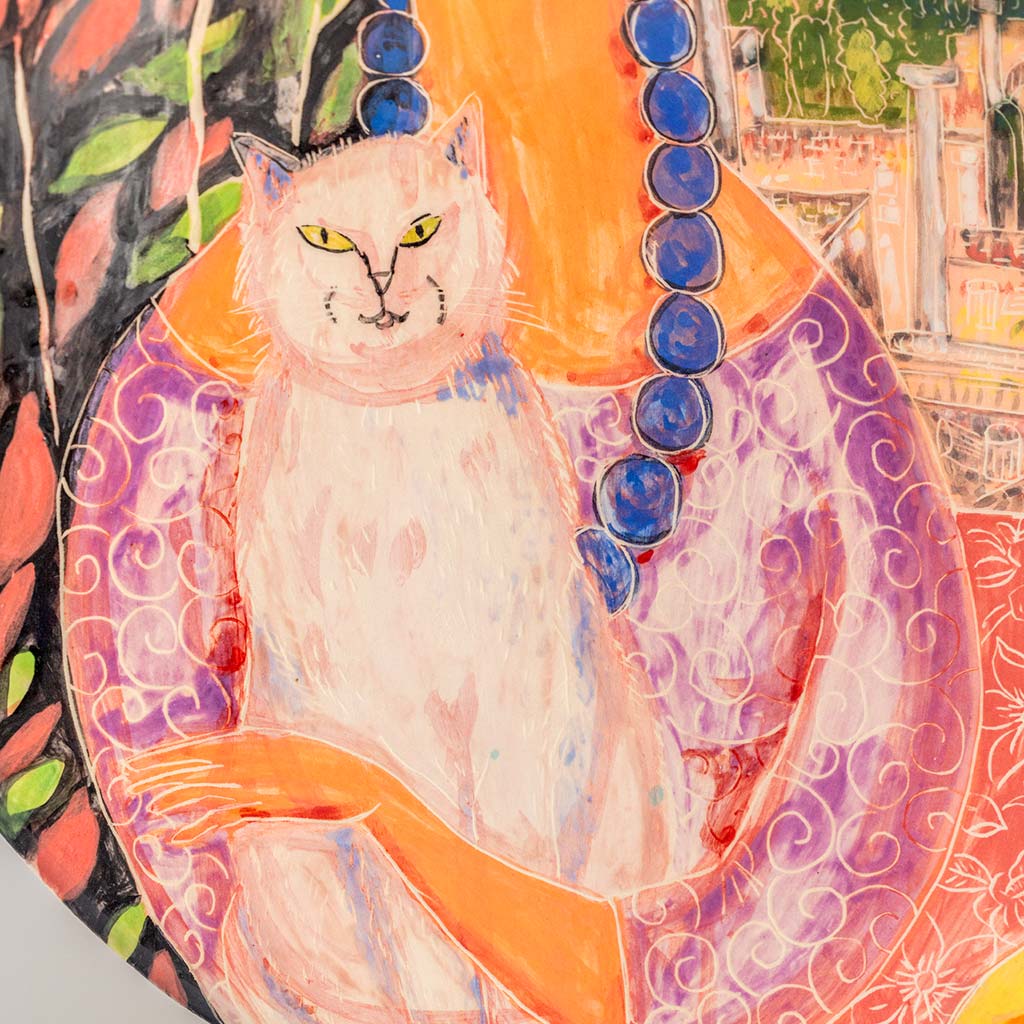 Ceramic plate with self portrait in the roman theater of Taormina, handmade and painted in a unique & colourful style by Spanish artist Maite Morell.