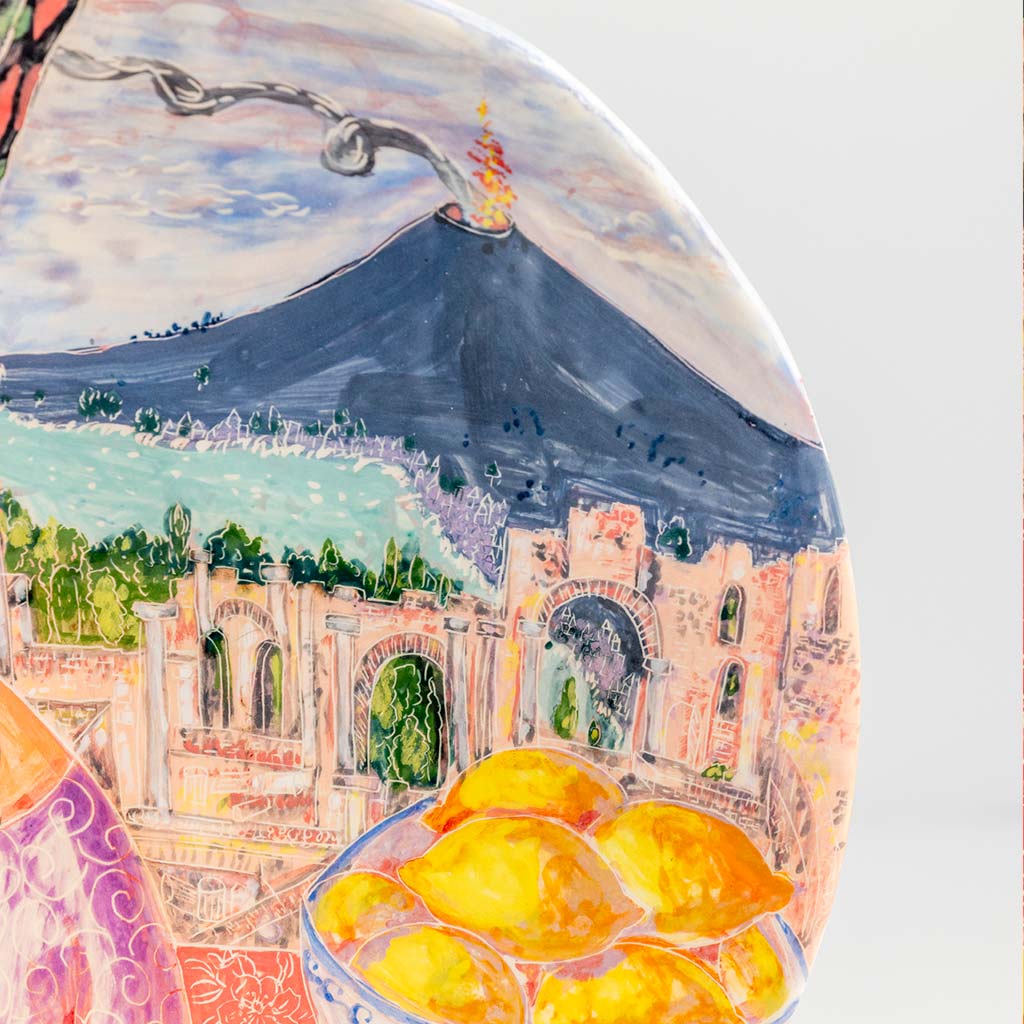 Ceramic plate with self portrait in the roman theater of Taormina, handmade and painted in a unique & colourful style by Spanish artist Maite Morell.