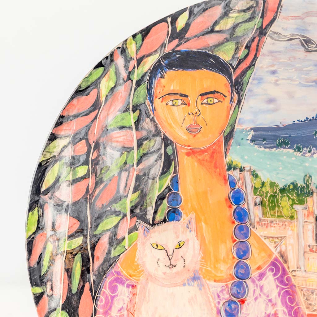 Ceramic plate with self portrait in the roman theater of Taormina, handmade and painted in a unique & colourful style by Spanish artist Maite Morell.