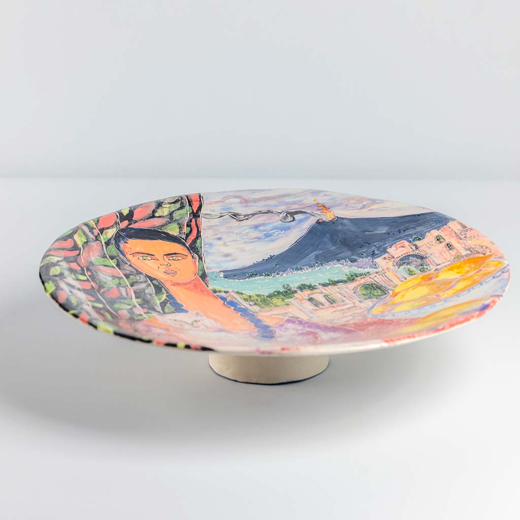 Ceramic plate with self portrait in the roman theater of Taormina, handmade and painted in a unique & colourful style by Spanish artist Maite Morell.