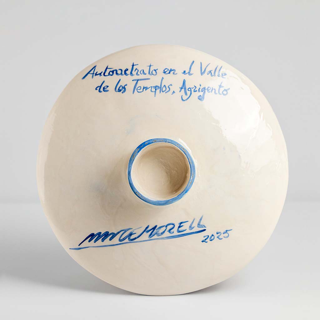 Ceramic plate with self portrait in the valley of the temples in Agrigento, handmade and painted in a unique & colourful style by Spanish artist Maite Morell.