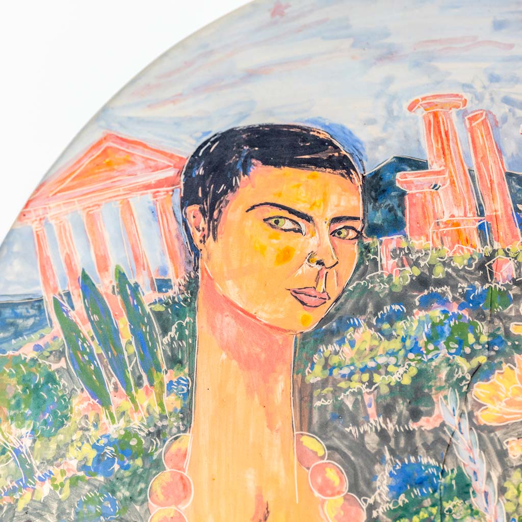 Ceramic plate with self portrait in the valley of the temples in Agrigento, handmade and painted in a unique & colourful style by Spanish artist Maite Morell.