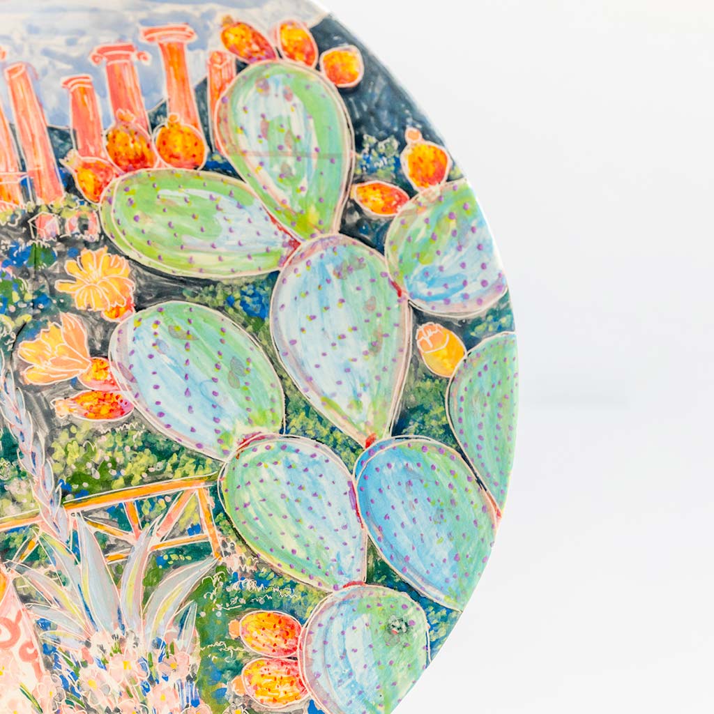 Ceramic plate with self portrait in the valley of the temples in Agrigento, handmade and painted in a unique & colourful style by Spanish artist Maite Morell.