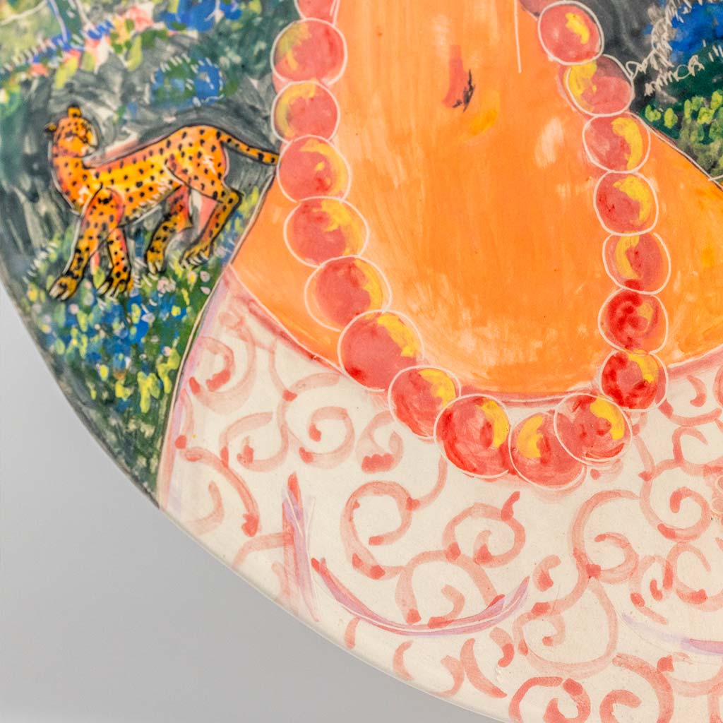 Ceramic plate with self portrait in the valley of the temples in Agrigento, handmade and painted in a unique & colourful style by Spanish artist Maite Morell.